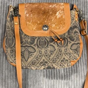 Myra Bag Tan & Brown Patterned Canvas Crossbody with Haircalf Flap